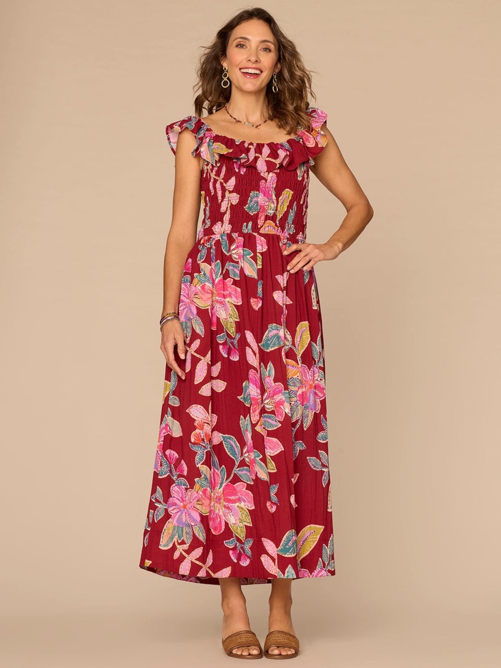 Democracy Floral Ruffle-Strap Maxi Dress in Burgundy